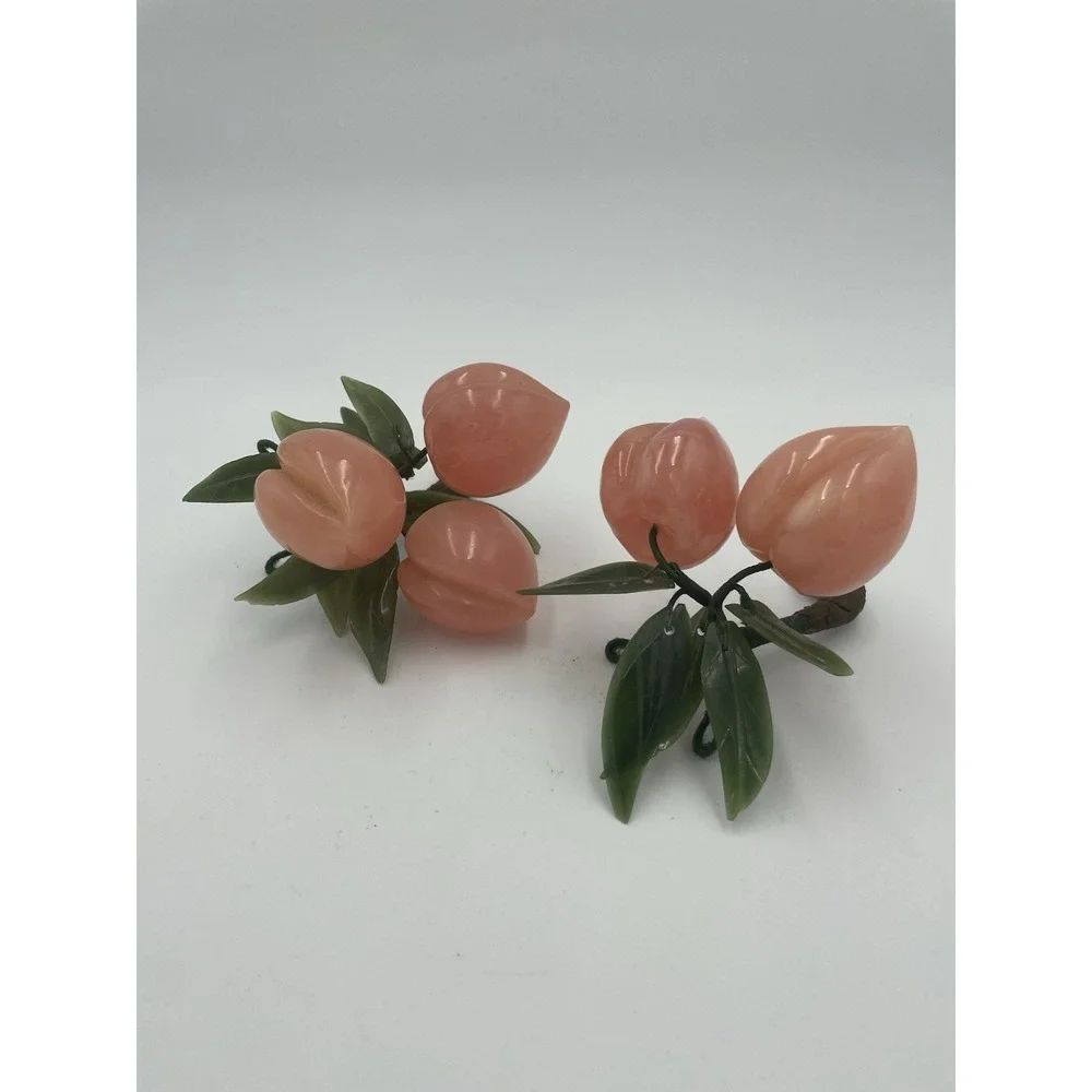 Vintage MCM Green‎ Jade & Rose Quartz Plum Branches With Jade Leaves Set of 2